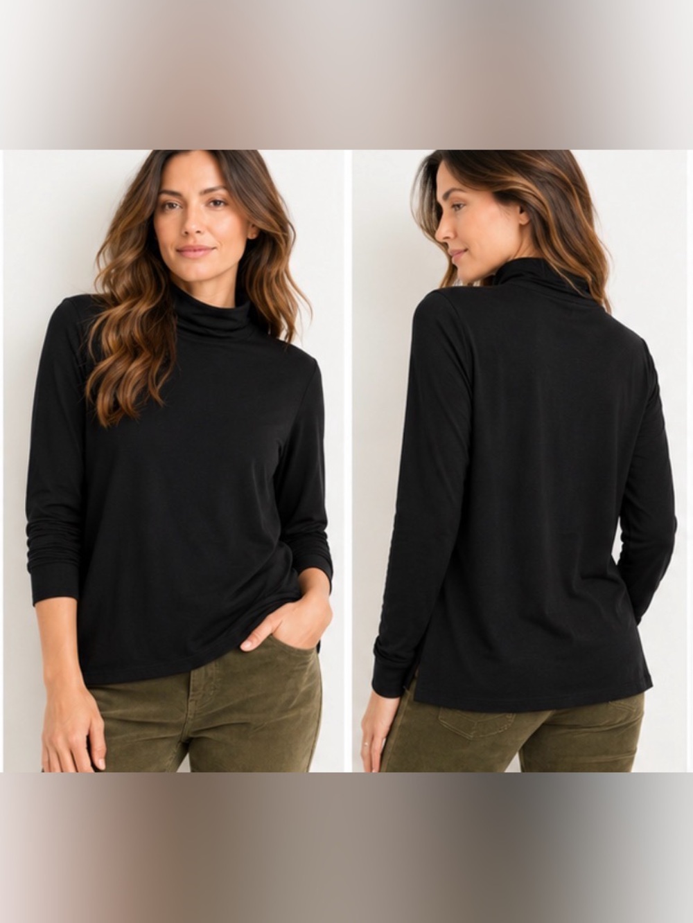 EILEEN FISHER Black Tencel Lyocell Organic Cotton Stretch Turtleneck Top Small